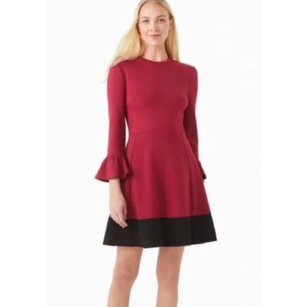 Kate Spade Fit Flare Dress Size S Burgundy Red Ruffle Sleeve Colorblock Preppy